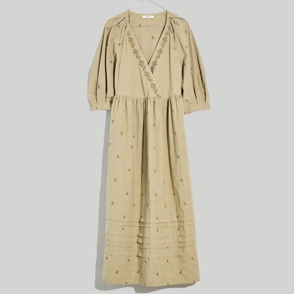 Madewell Green and White Gingham Embroidered Puff Sleeve Midi Dress with Pockets - Picture 2 of 4